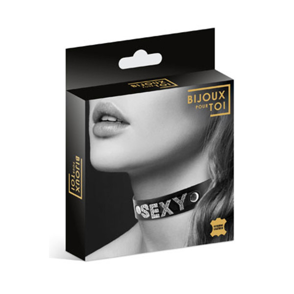 Collier en cuir noir SM avec Sexy en strass 